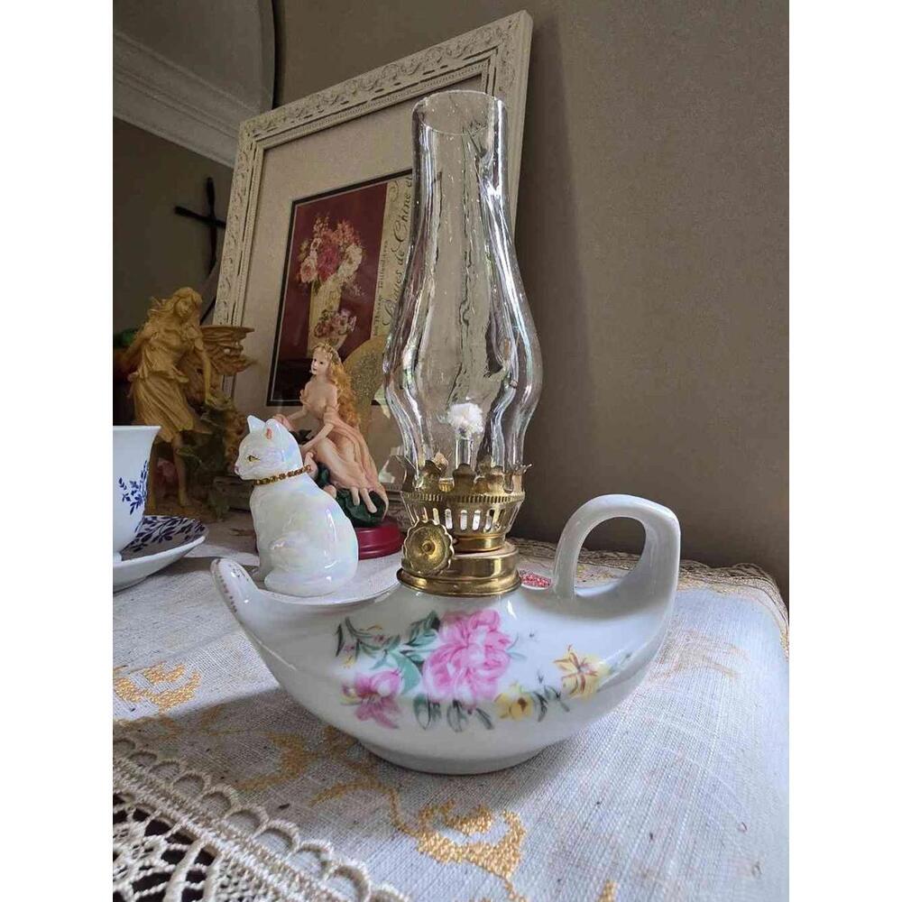 Vintage Mini Aladdin Oil Lamp Porcelain Pink Roses Floral Gold Trim Japan